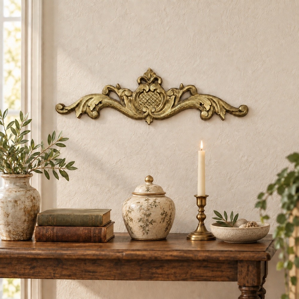 Vintage Brass Wall Accent 15.5" Ornate Scroll Pineapple French Provincial Decor